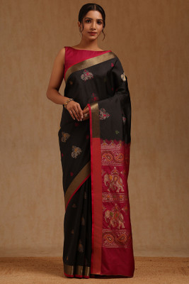 soch Woven Saree with Attached Blouse Silk Blend Saree(Black)