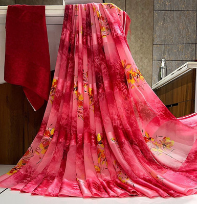 Bombey Velvat Fab Printed, Solid/Plain Kasavu Mulmul, Chiffon Saree(Red)