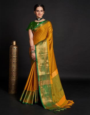 Satrani Woven, Embellished, Self Design Bollywood Jacquard, Pure Silk Saree(Yellow, Green, Gold)