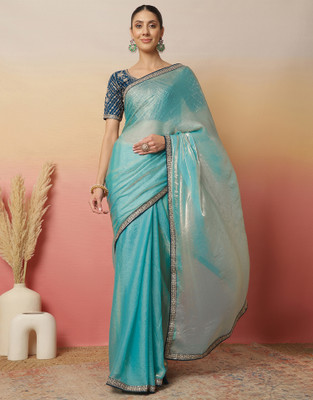Sangria Solid/Plain, Embellished, Embroidered Bollywood Lace, Tissue Saree(Blue)