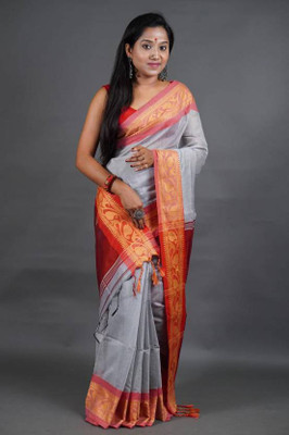 Joyguru Textile Woven Handloom Cotton Silk Saree(Grey)