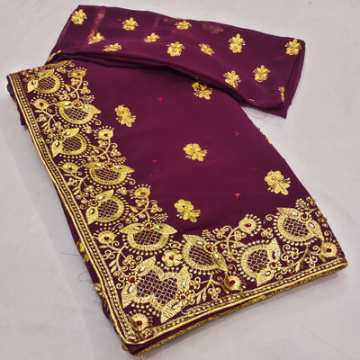 KHRITI FAB Embroidered, Floral Print Bollywood Georgette Saree(Purple)