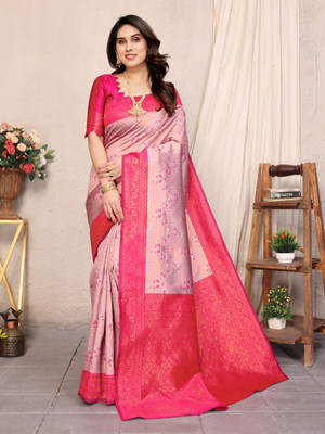 The Style Sanctuary Floral Print, Woven Banarasi Silk Blend Saree(Beige, Purple)