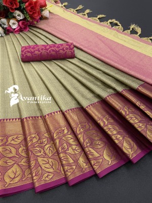 WOVEN STOCK Printed, Temple Border, Woven, Embellished Banarasi Art Silk, Cotton Silk Saree(Cream, Pink)