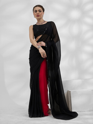 Divastri Solid/Plain Bollywood Georgette Saree(Red, Black)