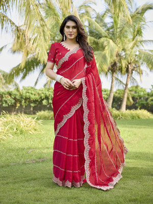 AMBUJAINTERNATIONAL Embroidered Bollywood Jimmy choo Saree(Red)