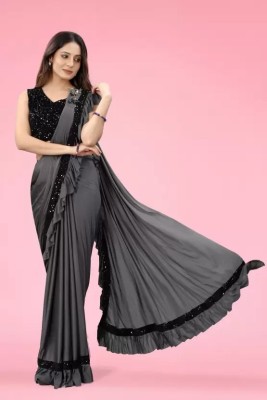 aaru creation Solid/Plain Bollywood Lycra Blend Saree(Grey)