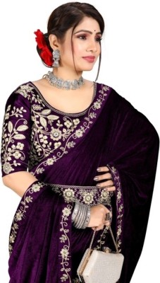 KHODAL MEDICAL AGENCY Embroidered Bollywood Velvet Saree(Purple)