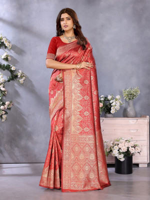 Emv Everymoment Vouge Printed Banarasi Silk Blend Saree(Pink)