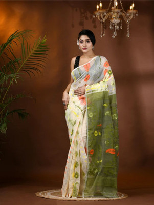 Revival Woven Jamdani Cotton Blend Saree(Cream, Green)