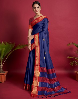 Samah Self Design, Woven, Embellished Banarasi Pure Cotton, Cotton Silk Saree(Dark Blue, Red)