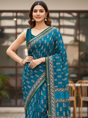 JAINICA Geometric Print Bollywood Cotton Blend Saree(Dark Green)