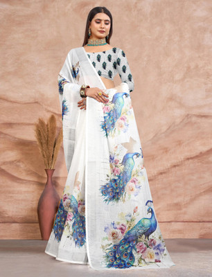 MAANVIT Printed Kanjivaram Pure Cotton, Cotton Linen Saree(White)