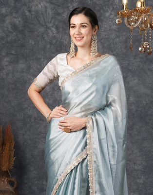 Samah Dyed, Embellished Bollywood Jimmy choo, Chiffon Saree(Grey)