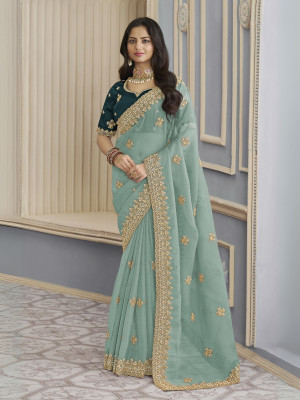 odette Embroidered Saree with Attached Blouse Georgette Saree(Pack of 2, Green)