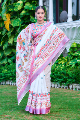 ZILVIRA Printed Daily Wear Cotton Linen Saree(White, Pink)