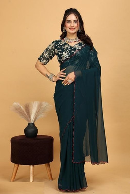 PARI DESIGNER Solid/Plain, Embellished Daily Wear Georgette Saree(Light Blue)