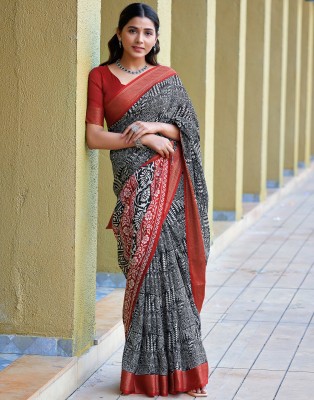 Samah Printed, Woven, Embellished Narayanpet Cotton Blend, Cotton Silk Saree(Black, White, Red)