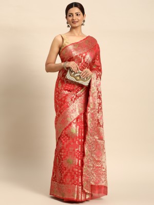 Kimisha Woven Banarasi Organza Saree(Red)