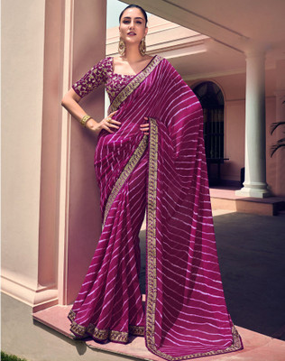 SIRIL Striped, Embellished Bandhani Georgette Saree(Purple, Gold)