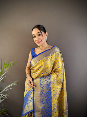 SHARDHA FASHION Woven, Embroidered, Embellished Banarasi Pure Silk Saree(Black, Yellow, Purple, Multicolor)