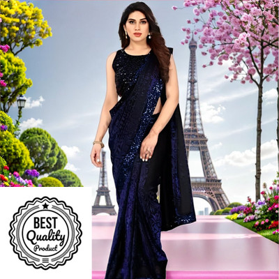 Online Bazaaar Solid/Plain Bollywood Lycra Blend Saree(Dark Blue)