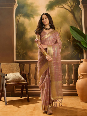 Sangria Self Design Saree with Attached Blouse Organza Saree(Pink)