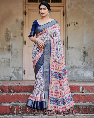 DHAYNAAND REEWA FASHION Floral Print Kanjivaram Tussar Silk Saree(Multicolor)