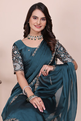 SDGRATITUDE Embroidered, Solid/Plain, Embellished Lucknow Chikankari Chiffon, Art Silk Saree(Green)