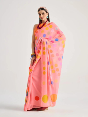 Riddhi textile Hub Digital Print Saree with Attached Blouse Georgette Saree(Orange, Pink)