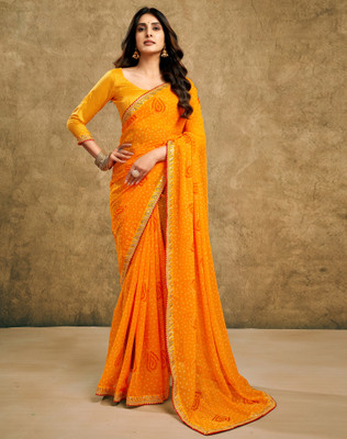 SIRIL Printed Bandhani Georgette Saree(Yellow)