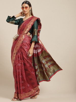 Tasrika Woven, Printed Banarasi Jacquard, Cotton Silk Saree(Maroon)