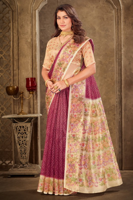 Sariya Printed Kota Doria Tissue Saree(Magenta)