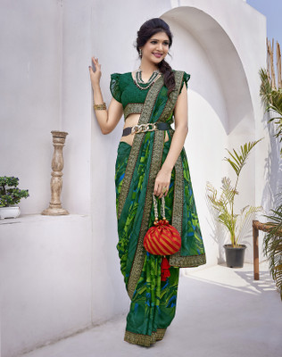 YASHIKA Printed Daily Wear Georgette, Lace Saree(Green)