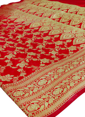 Saree House Woven Banarasi Handloom Silk Blend Saree(Red)
