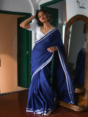 HIYAMI Solid/Plain Handloom Pure Cotton Saree(Blue, White)