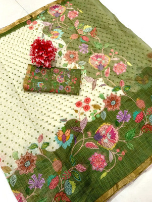 AARAANA Floral Print Kanjivaram Linen, Cotton Linen Saree(Multicolor)