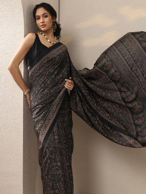 LIBAS Printed Daily Wear Silk Blend Saree(Black)