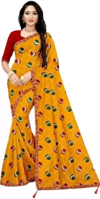 laxmibaa Hand Painted Bollywood Art Silk Saree(Yellow, Red, Green)