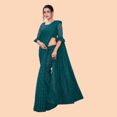 nexxxa Self Design Bollywood Net Saree(Green)