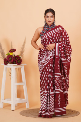 Akshara Fashion Printed Daily Wear Pure Cotton Saree(Brown)