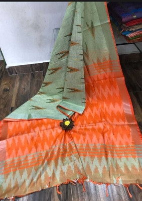 govind handloom Printed Bollywood Cotton Linen Saree(Orange)