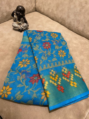 Suntex Floral Print Patola Cotton Blend Saree(Light Blue)