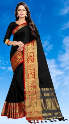 WILLMAKE Printed, Self Design, Color Block, Embroidered, Striped, Embellished, Woven, Solid/Plain Kanjivaram Jacquard, Cotton Jute Saree(Black)