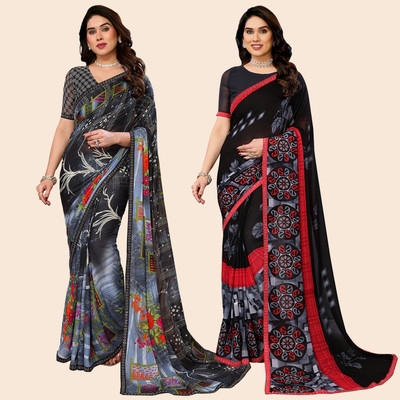 Anand Sarees Printed Bollywood Georgette Saree(Pack of 2, Grey, Black)