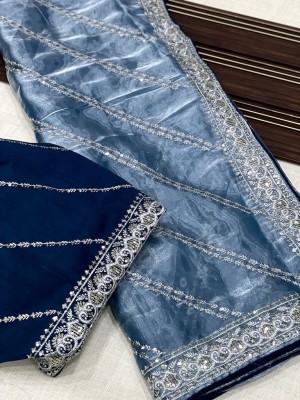 ShivGori Embroidered Bollywood Silk Blend Saree(Dark Blue)