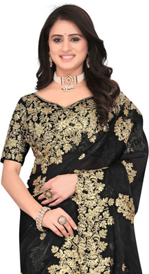 Mortile Designer Studio Embroidered Bollywood Georgette, Chiffon Saree(Black)