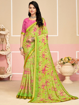 Tasrika Floral Print, Geometric Print, Digital Print, Printed Bollywood Chiffon Saree(Light Green)