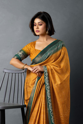 MIRCHI FASHION Printed Bollywood Cotton Silk Saree(Mustard, Dark Green, White)
