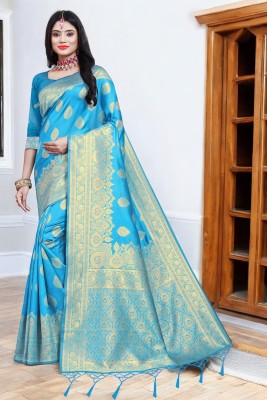 ALMEDA Embellished Banarasi Jacquard Saree(Light Blue)